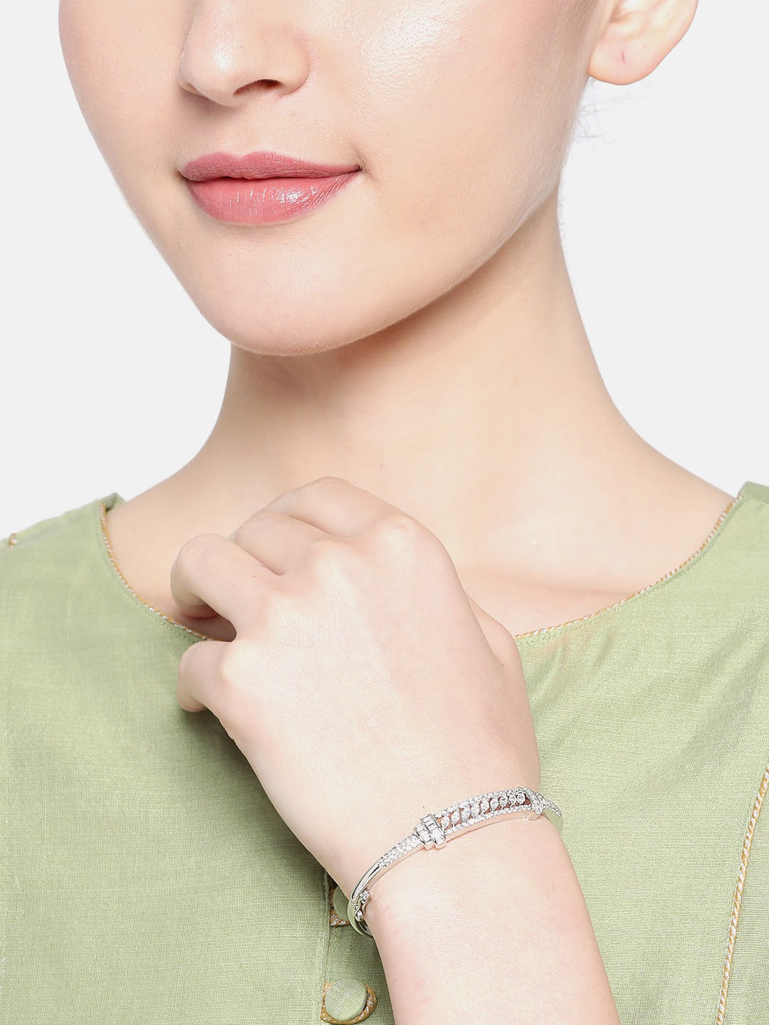 Women Silver- Plated AD Stone Studded Handcrafted Bangle Style Bracelet