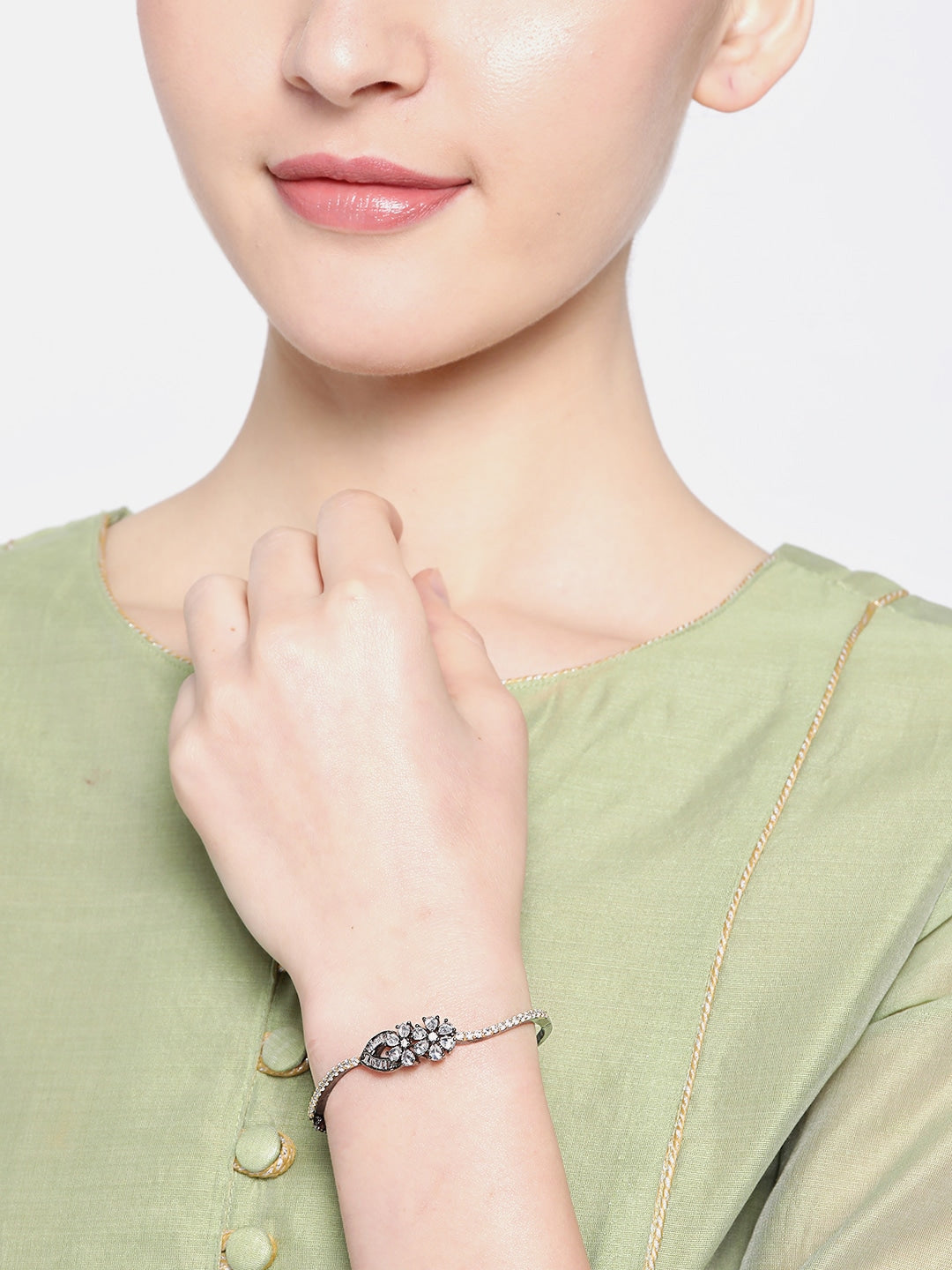 Women Gunmetal-Toned AD Studded Handcrafted Bangle Style Bracelet