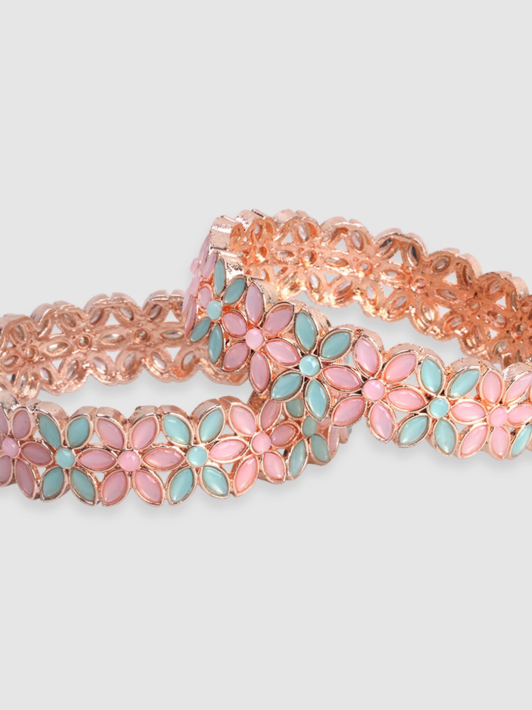 Set Of 2 Gold-Plated Pink & Turquoise Blue Stone-Studded Handcrafted Bangles