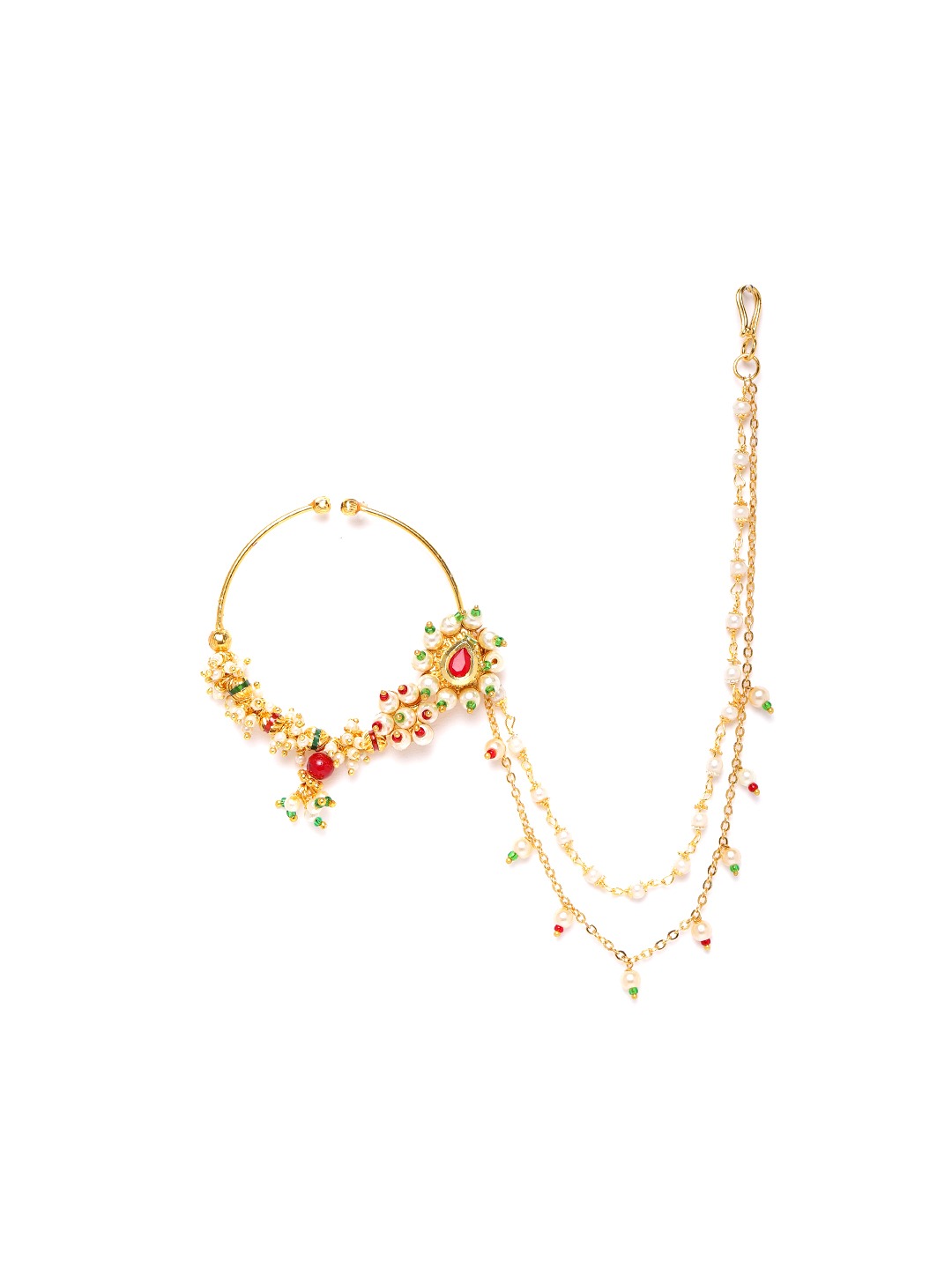 Red & Off-White Gold-Plated CZ-Studded & Beaded Chained Nose Ring