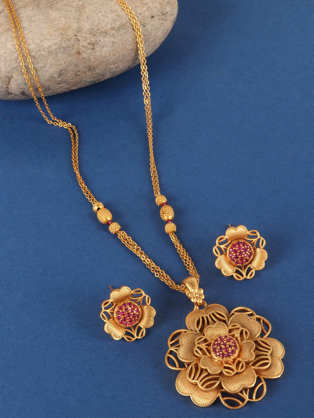 Gold-Plated & Pink Self Designer Floral Pendant & Earring Set