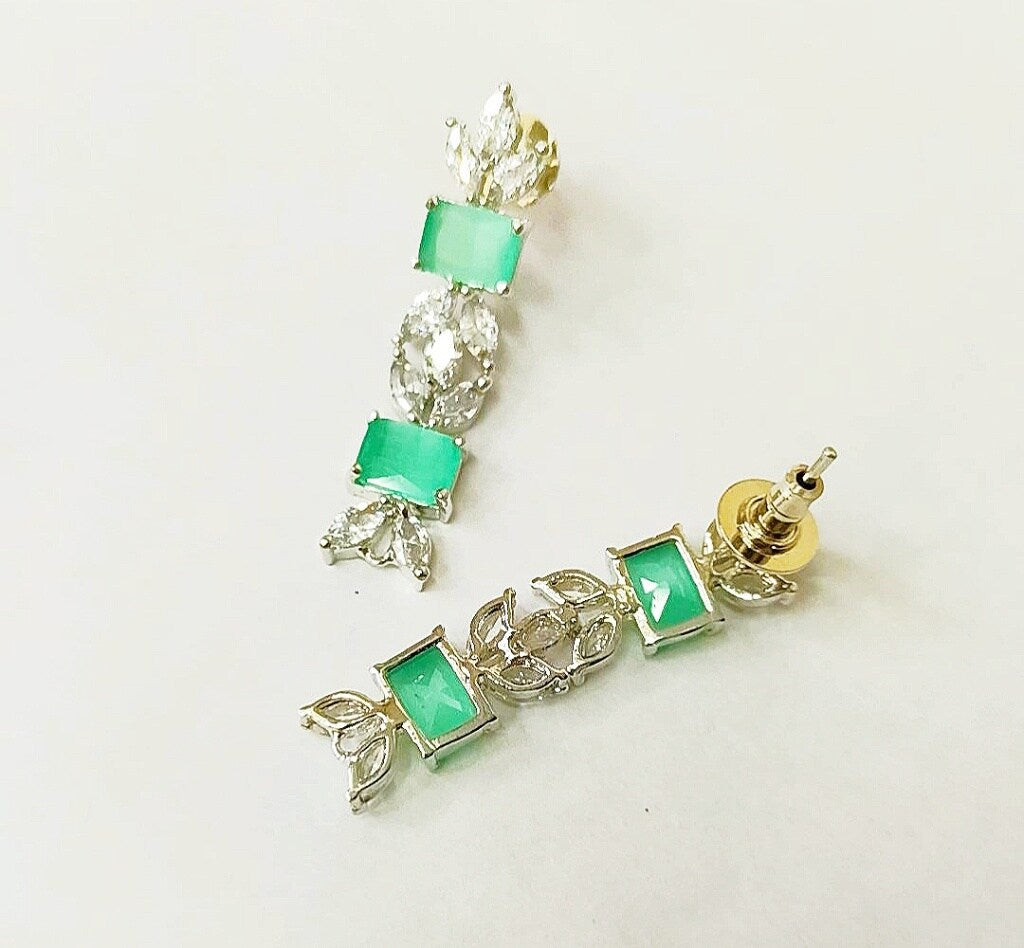 Mint Green Stone Studded Silver Plated American diamond Necklace Set