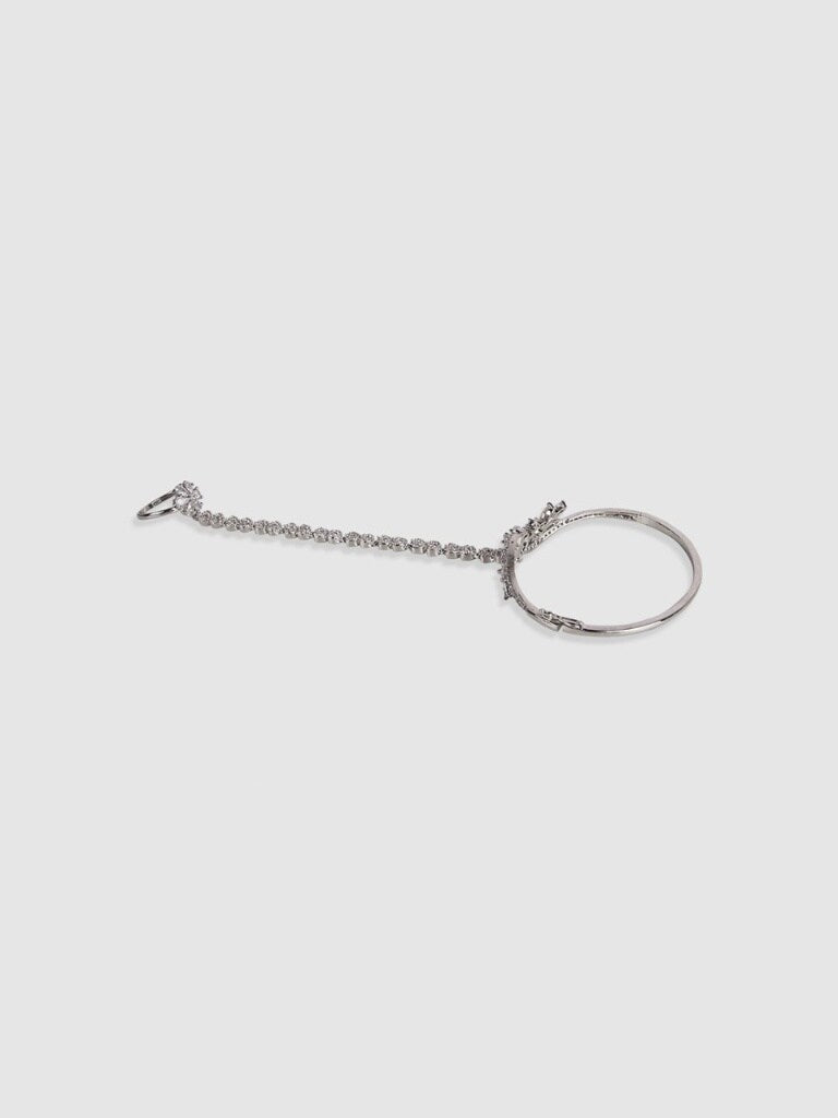 Women Silver-Toned & White American Diamond Handcrafted Silver-Plated Ring Bracelet