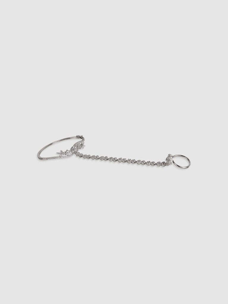 Women Silver-Toned & White American Diamond Handcrafted Silver-Plated Ring Bracelet