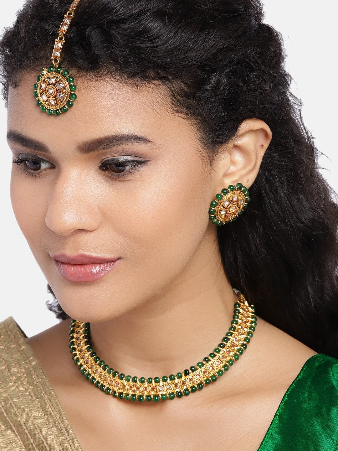 Green Gold-Plated CZ Stone-Studded Handcrafted Jewellery Set