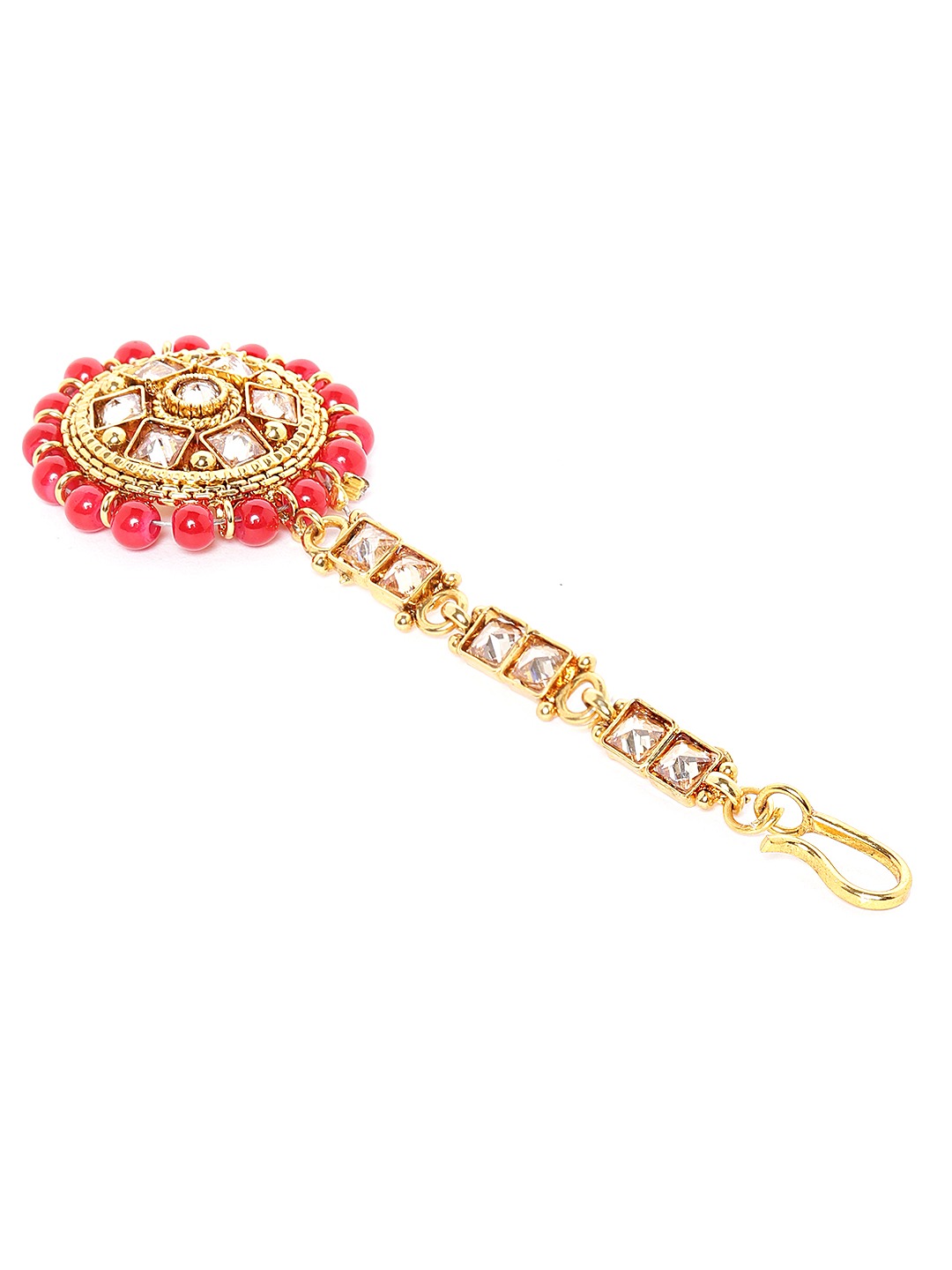 Red Gold Plated CZ Studded & Beaded Jewellery Set