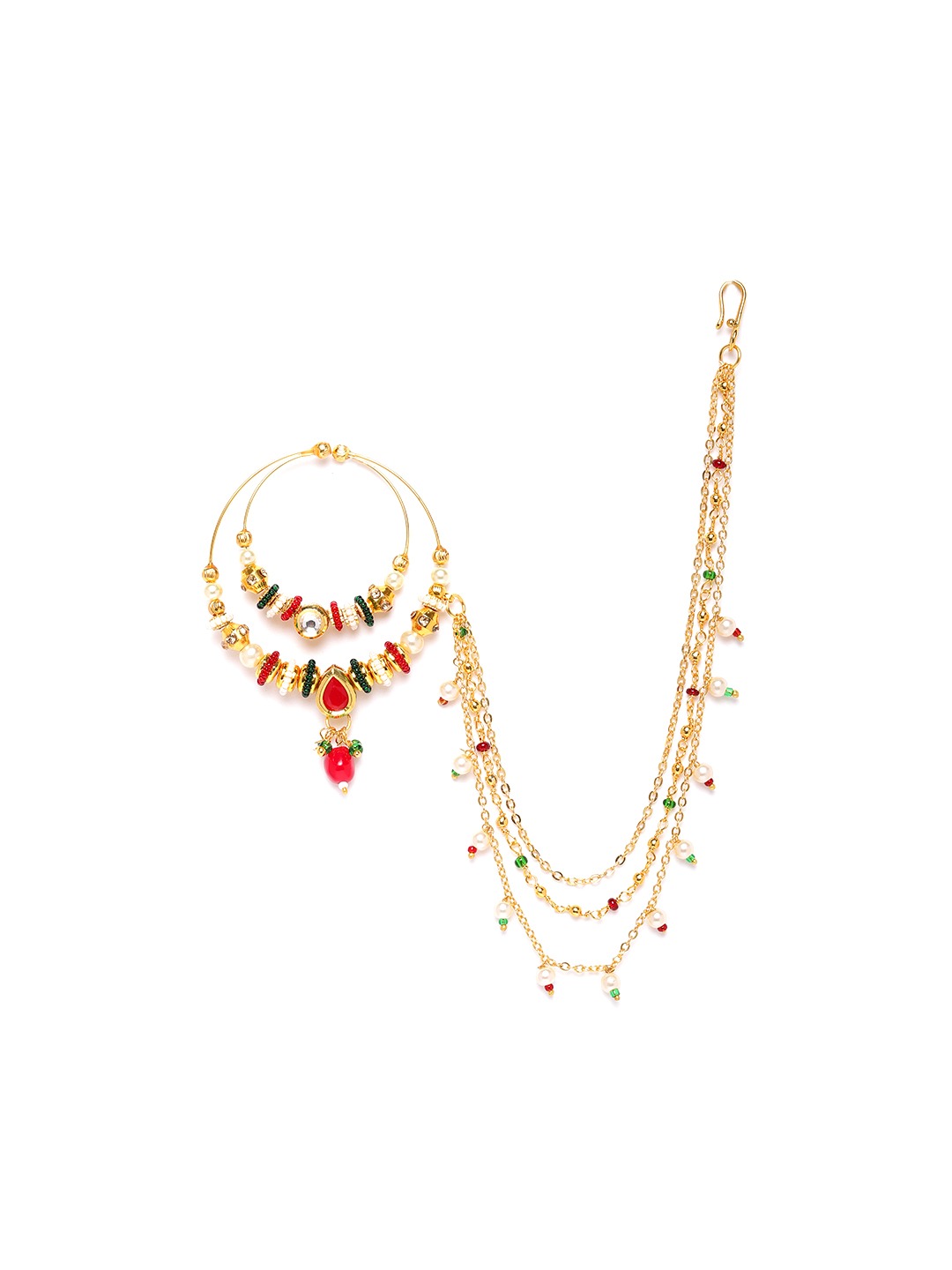 Red & Green Gold-Plated CZ-Studded & Beaded Chained Nose Ring