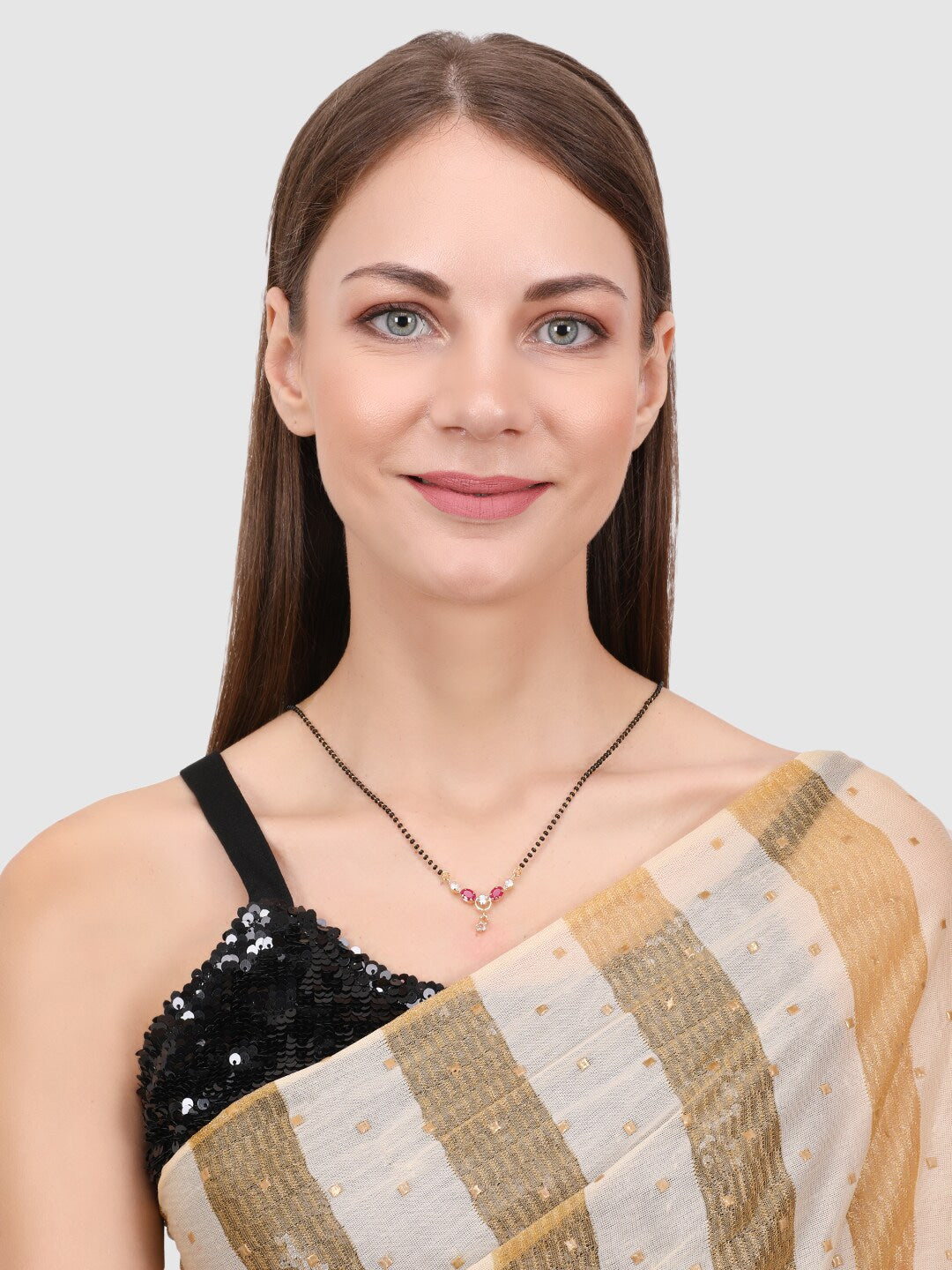 Set of 3 Gold Plated & Black Traditional CZ Stone Studded Beaded Mangalsutra