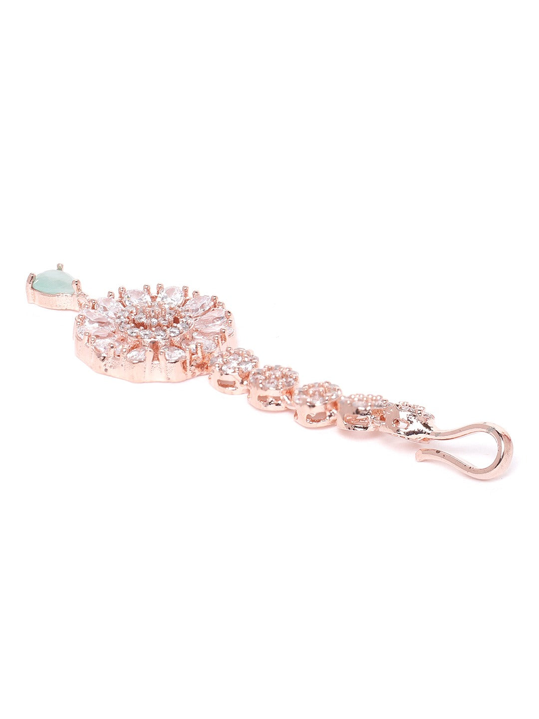 Sea Green Rose Gold-Plated CZ Stone-Studded Handcrafted Maang Tika