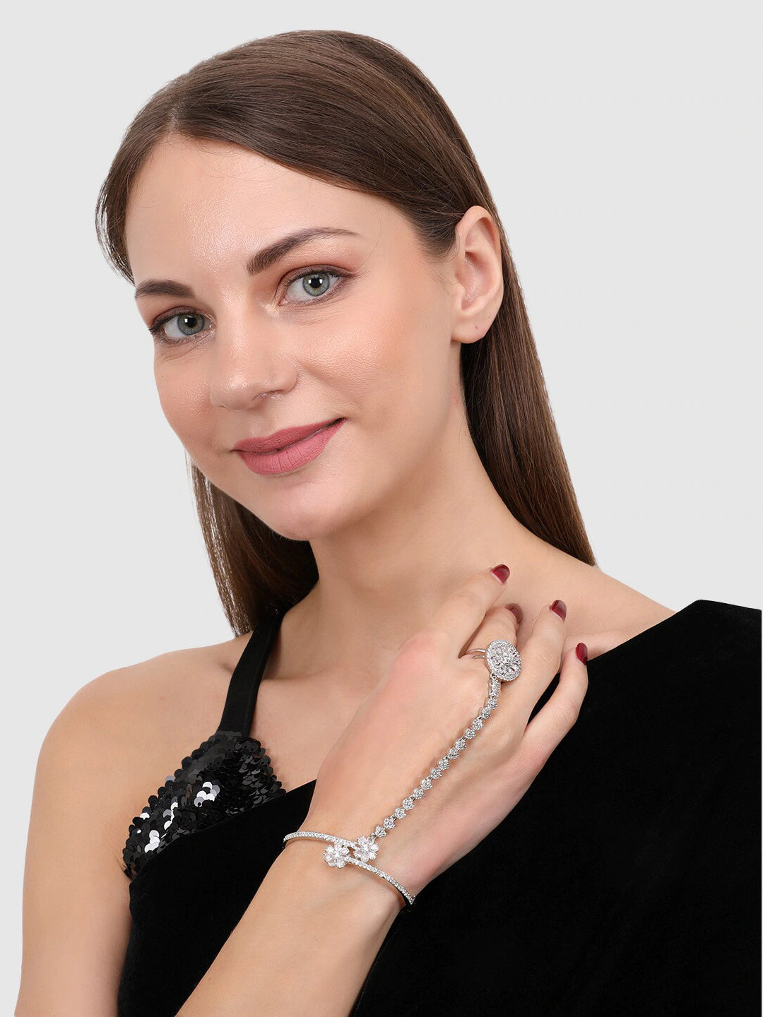 Women Silver-Toned American Diamond Handcrafted Silver-Plated Ring Bracelet