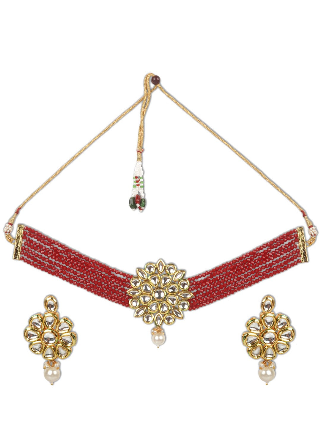 Gold-Plated Red & White Kundan-Studded Beaded Chokers With Earrings