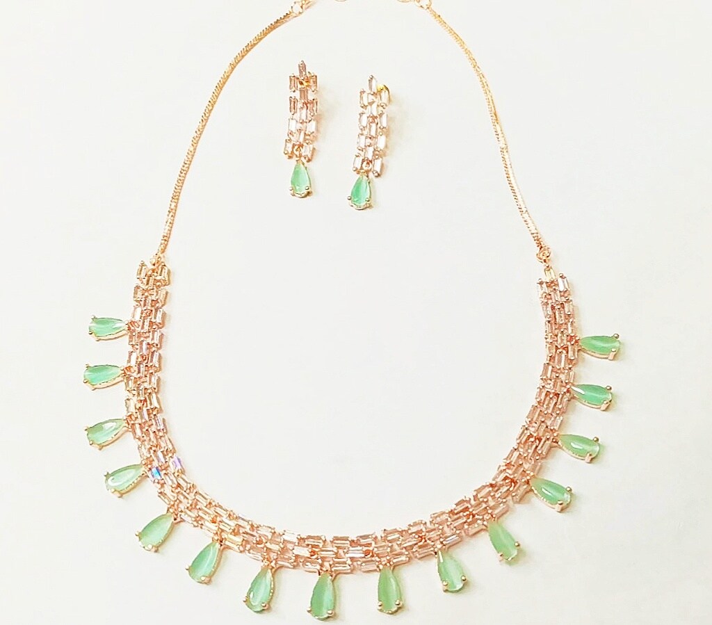Green Rose Gold American diamond Necklace Set
