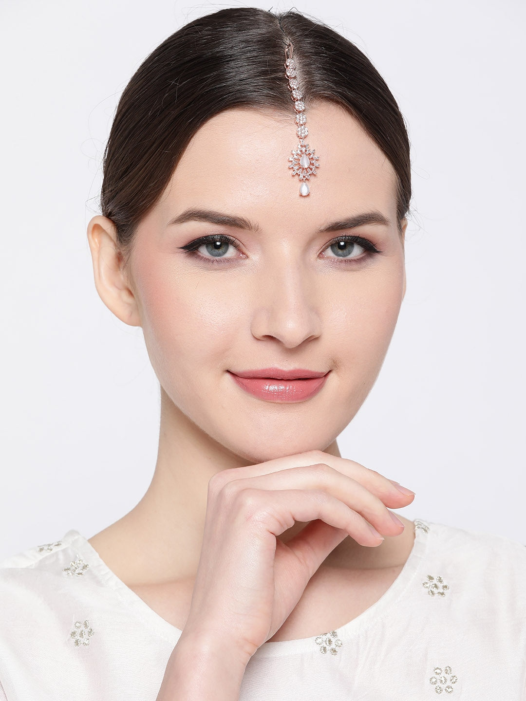 Jewels Gehna Rose Gold -Plated & Grey CZ Stone Studded Handcrafted Maang Tika