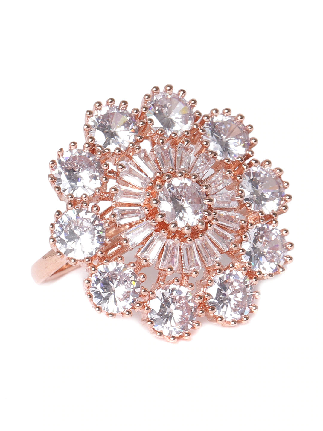 Rose Gold-Plated CZ Stone-Studded Handcrafted Adjustable Finger Ring