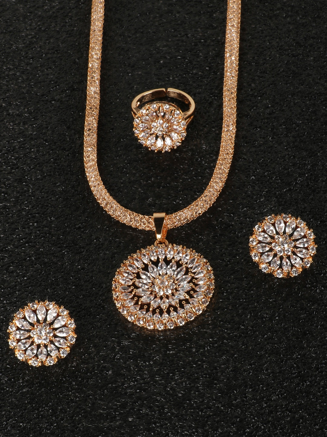 Gold-Plated American Diamond-Studded Floral Shaped Jewellery Set