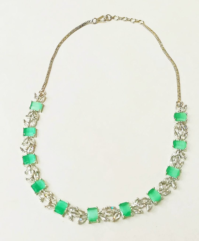 Mint Green Stone Studded Silver Plated American diamond Necklace Set