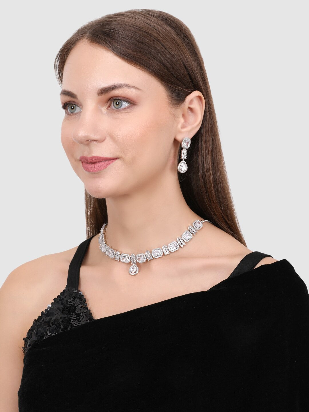 Silver-Plated & White AD-Studded Jewellery Set