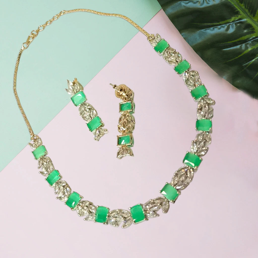 Mint Green Stone Studded Silver Plated American diamond Necklace Set