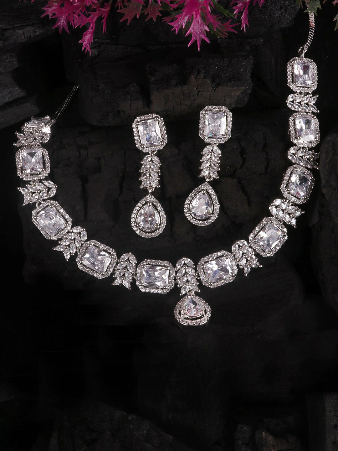 Silver-Plated & White AD-Studded Jewellery Set