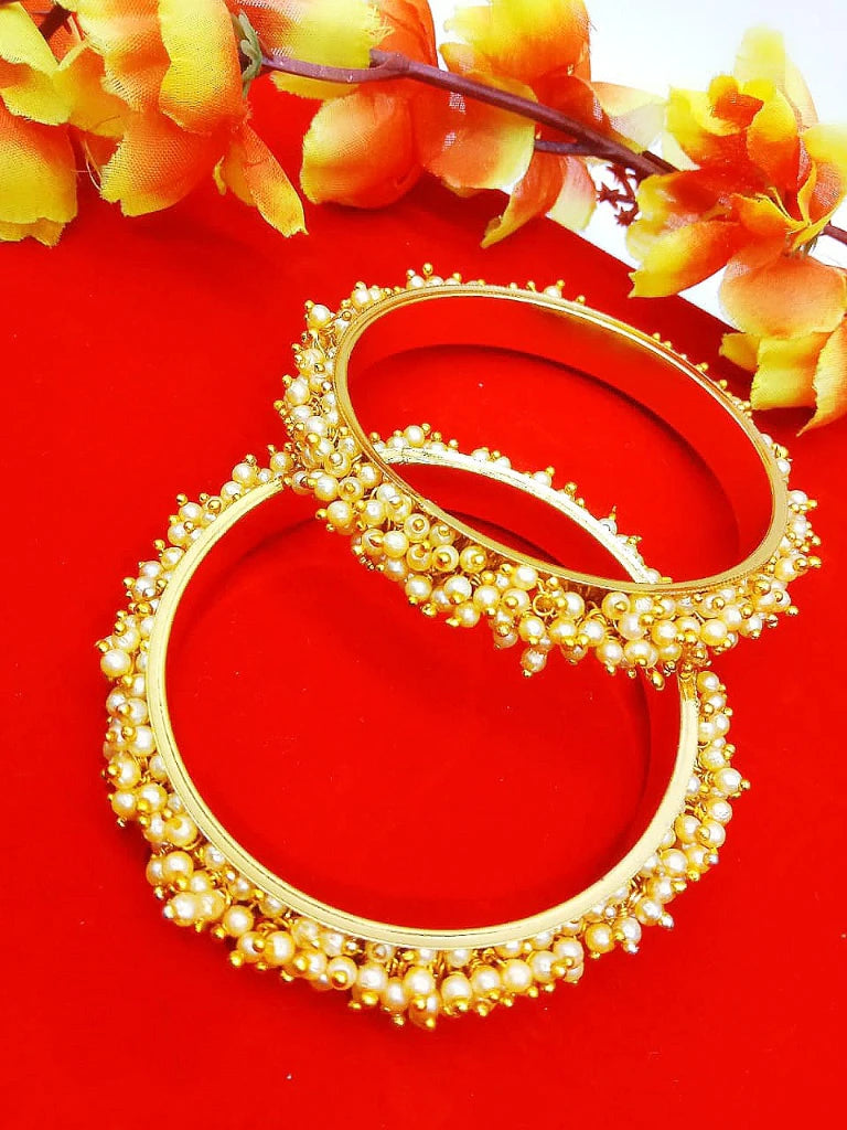 White Beads Studded Golden Bangles