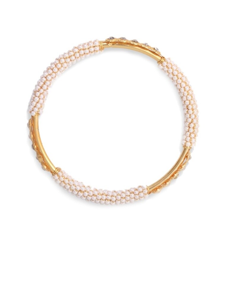 Set of 4 Gold Plated & White Pearl and Stone Studded Handcrafted Bangles`