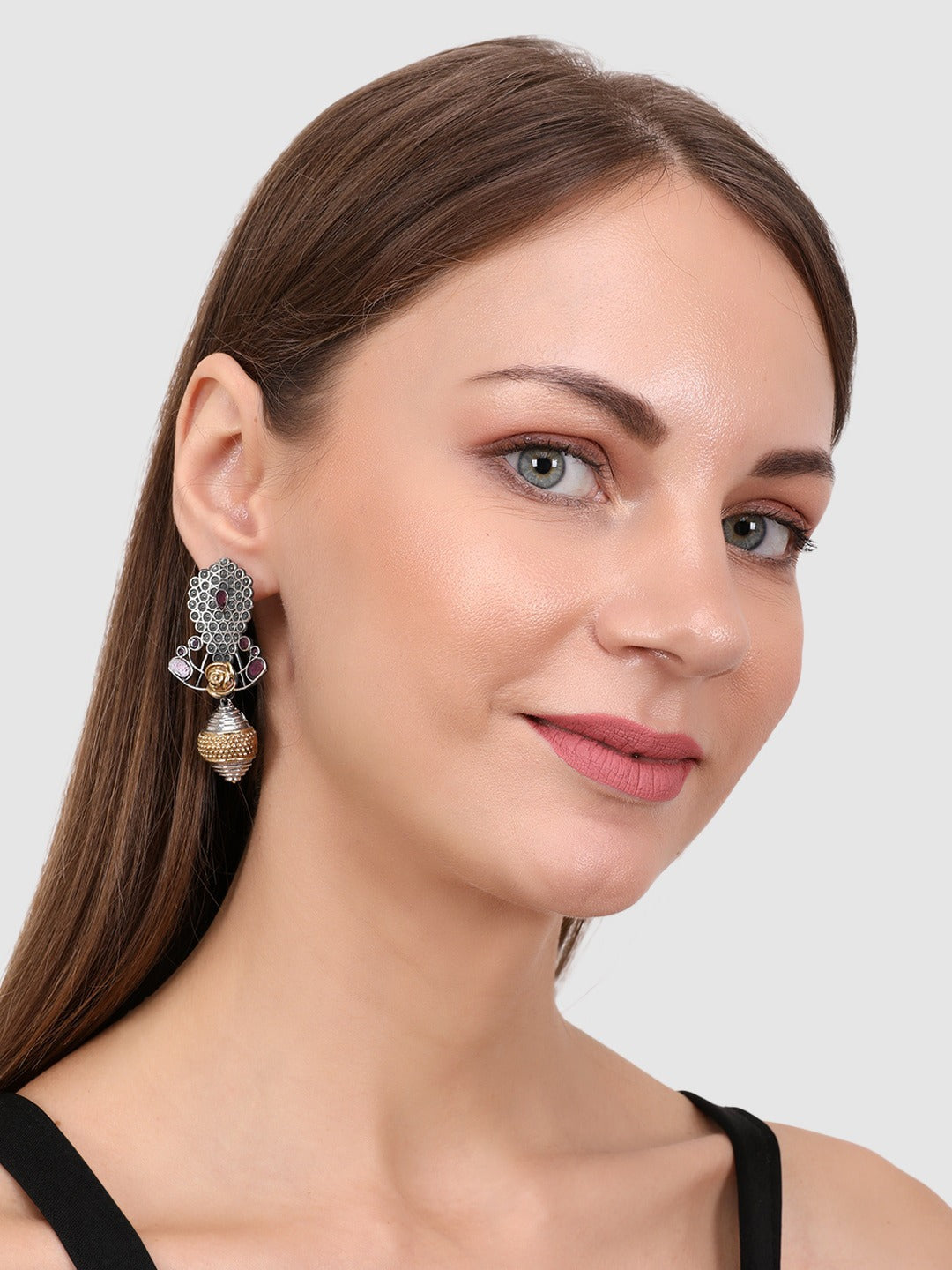 Silver-Toned Oxidized Contemporary Drop Earrings