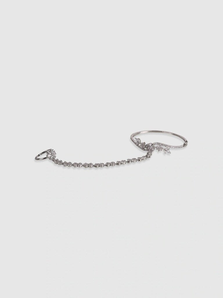 Women Silver-Toned & White American Diamond Handcrafted Silver-Plated Ring Bracelet