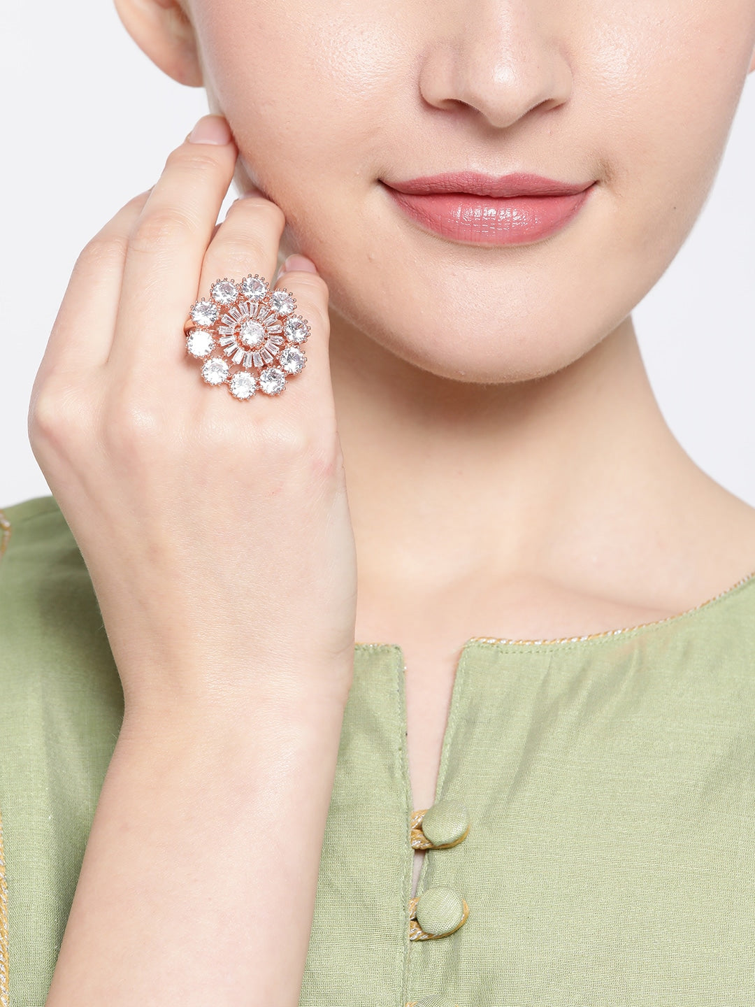 Rose Gold-Plated CZ Stone-Studded Handcrafted Adjustable Finger Ring