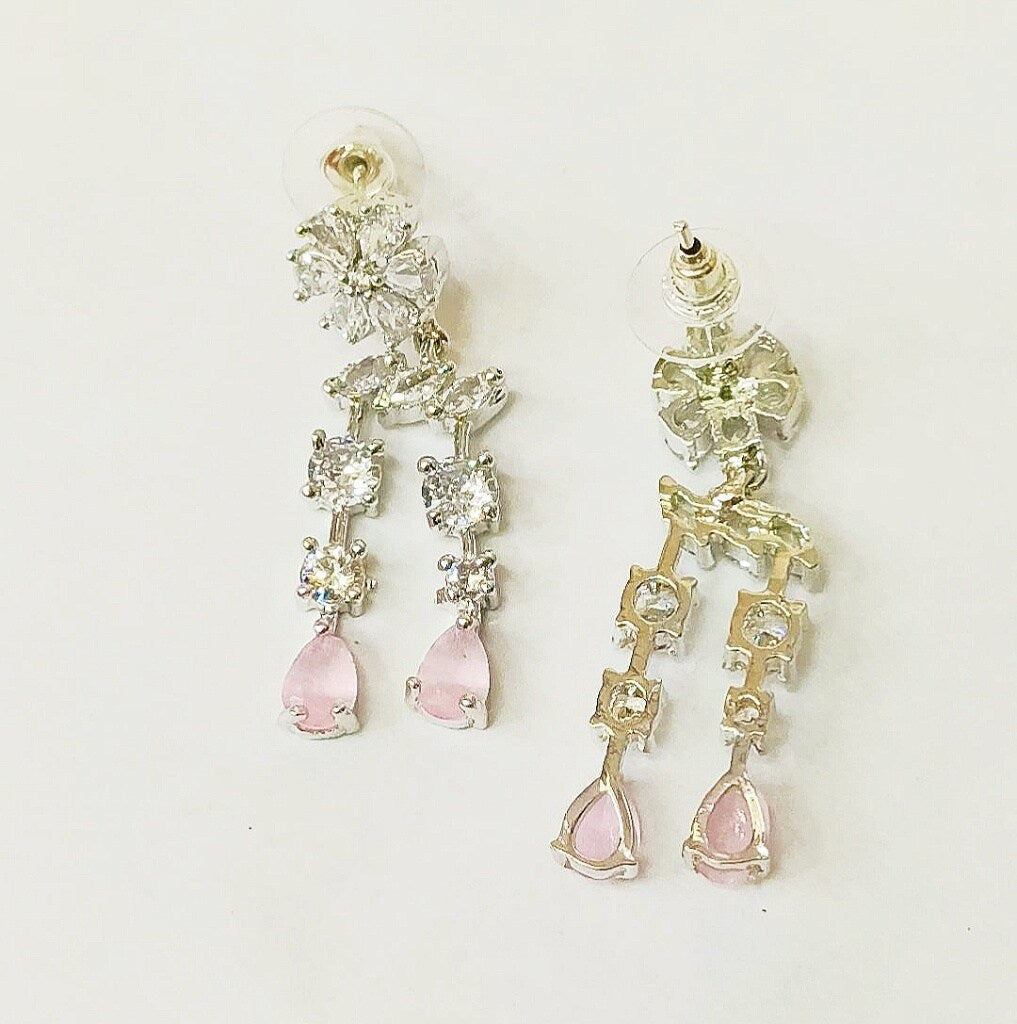 Pink Drops Studded Silver Plated Designer American Diamond Necklace Set