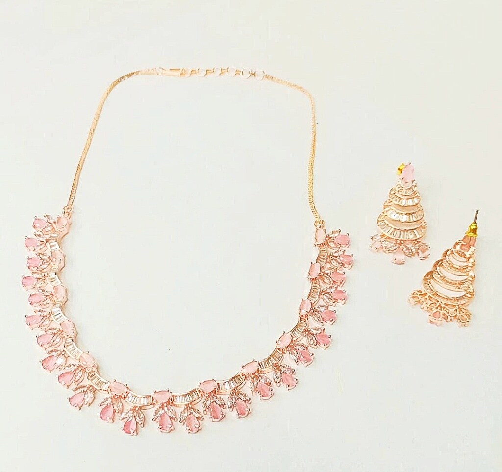 Pink and Rose Gold Plated American diamond Necklace Set
