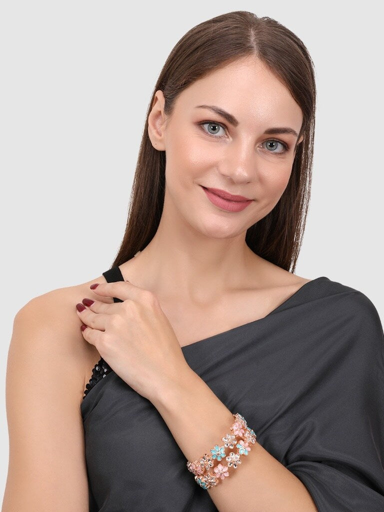 Set Of 2 Gold-Plated Multicoloured Stone-Studded Floral Handcrafted Bangles