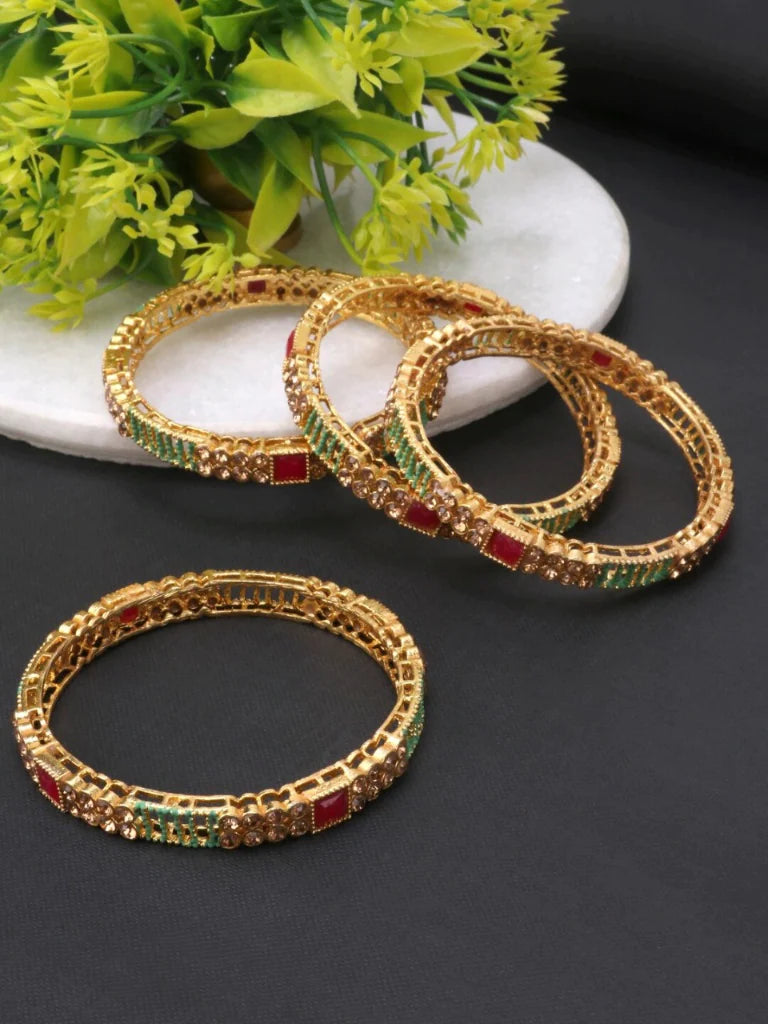 Set-4 Gold-Plated Red & Beige Stone-Studded Handcrafted Bangles