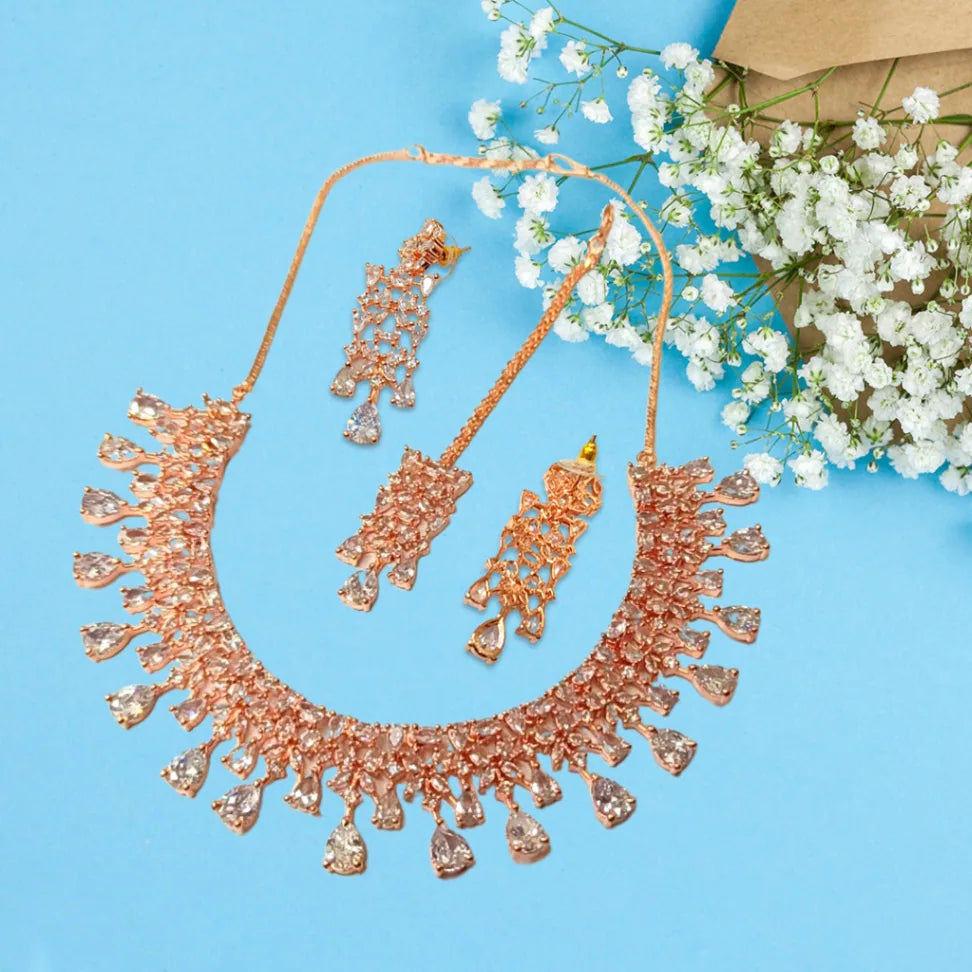 Rose Gold Plated Designer American Diamond Necklace Set