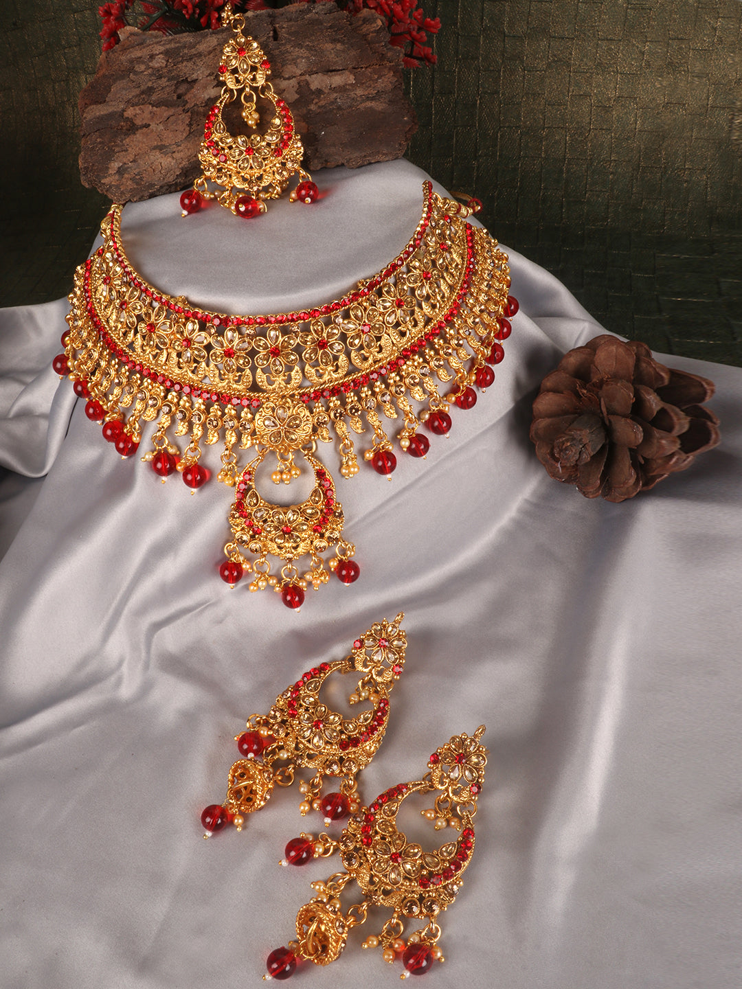 Gold Toned & Red Brass Gold Plated Choker Set With Earrings & Maangtika