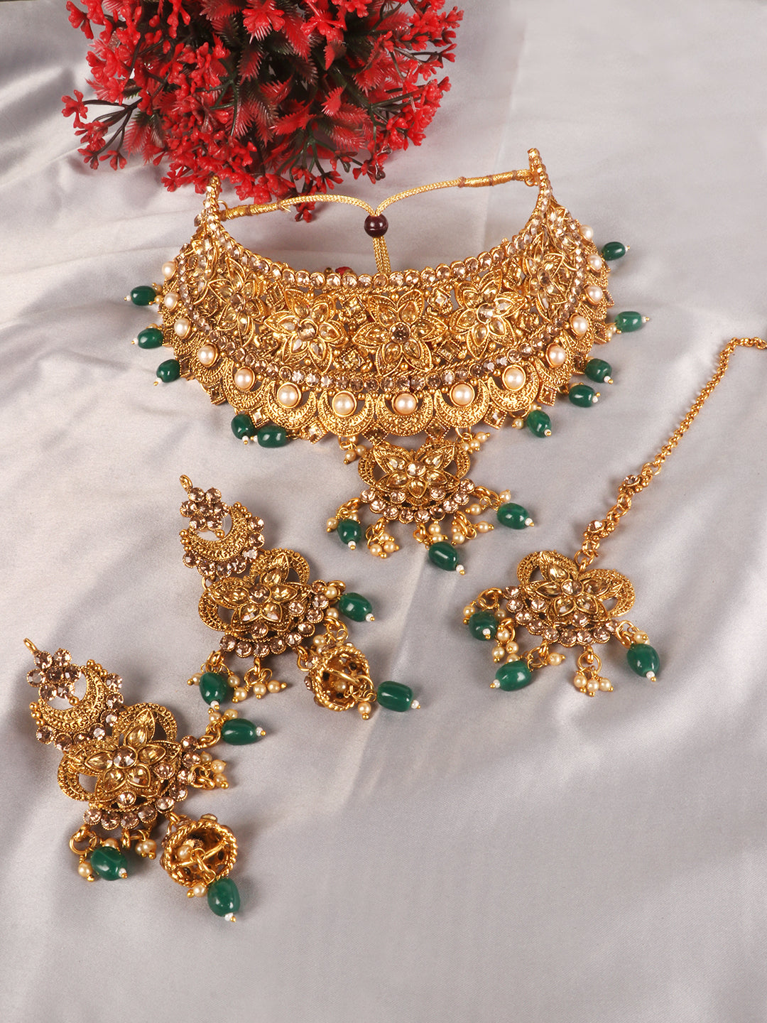 PENNY JEWELS Gold Plated Bridal Green Beads Choker with Designer Jhumka & Maangtika