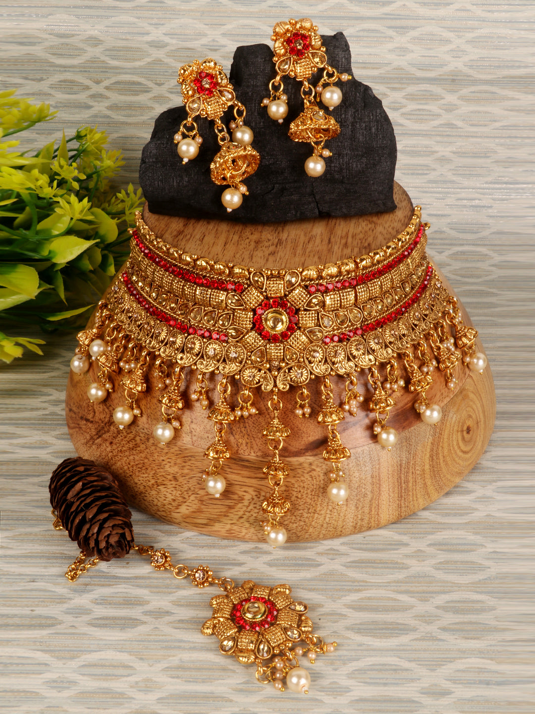 Gold Plated Floral Red Stone Studded Choker Set with Earrings & Maangtika