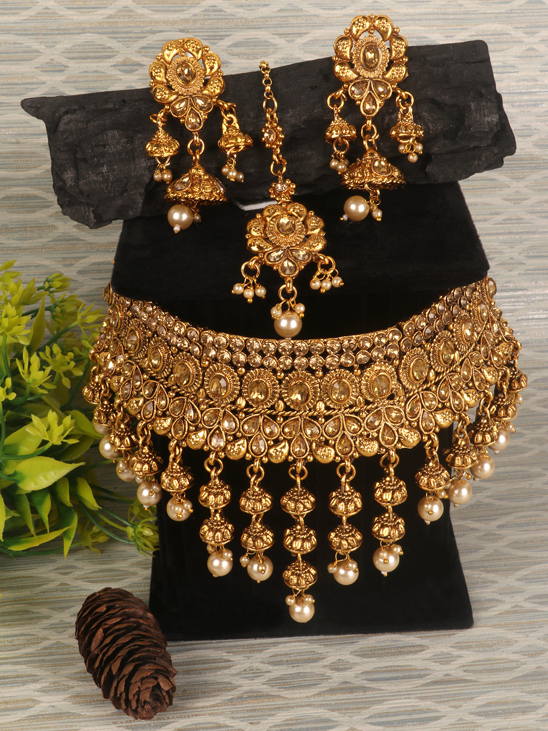 Gold-Plated Stone-Studded Traditional Floral Jewellery Set