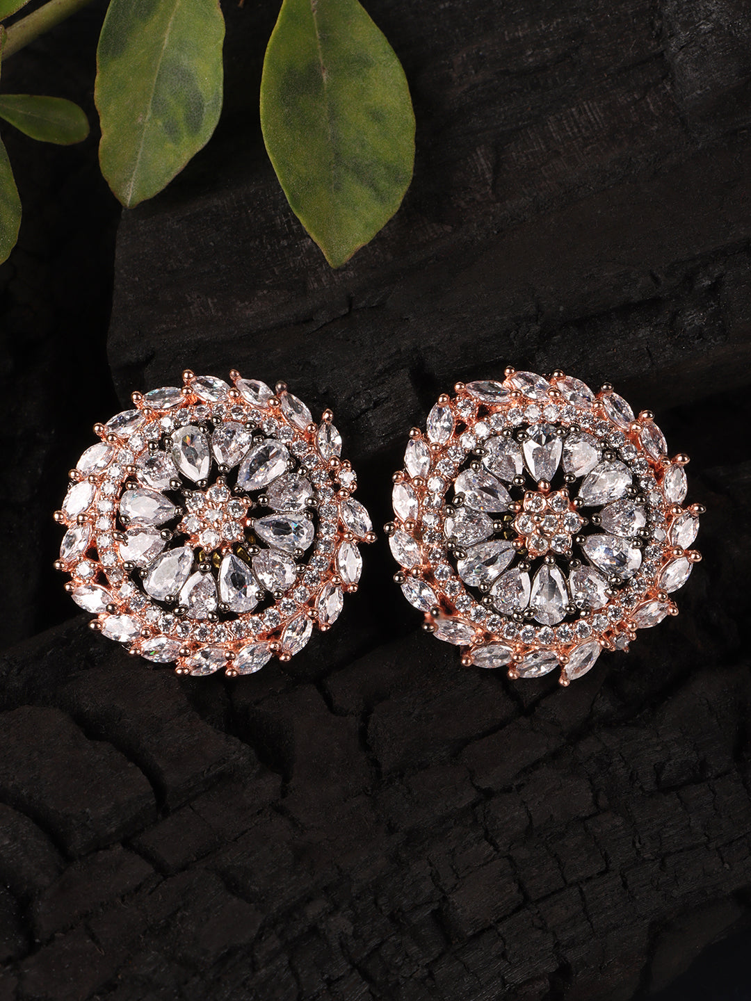 White Rhodium-Plated Floral American Diamond Studs Earrings