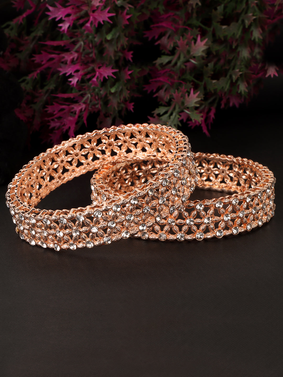 Womens Set of 2 Rose Gold American Diamond Stone Studded Kada/Bangles