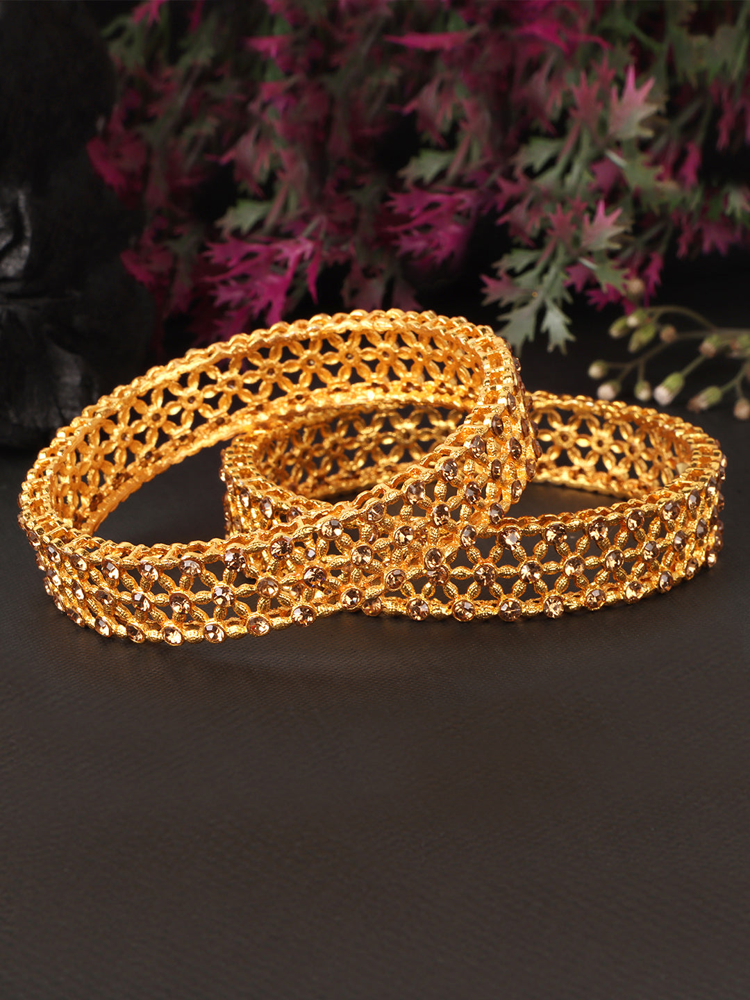 Womens Set of 2 Gold American Diamond Stone Studded Bangles
