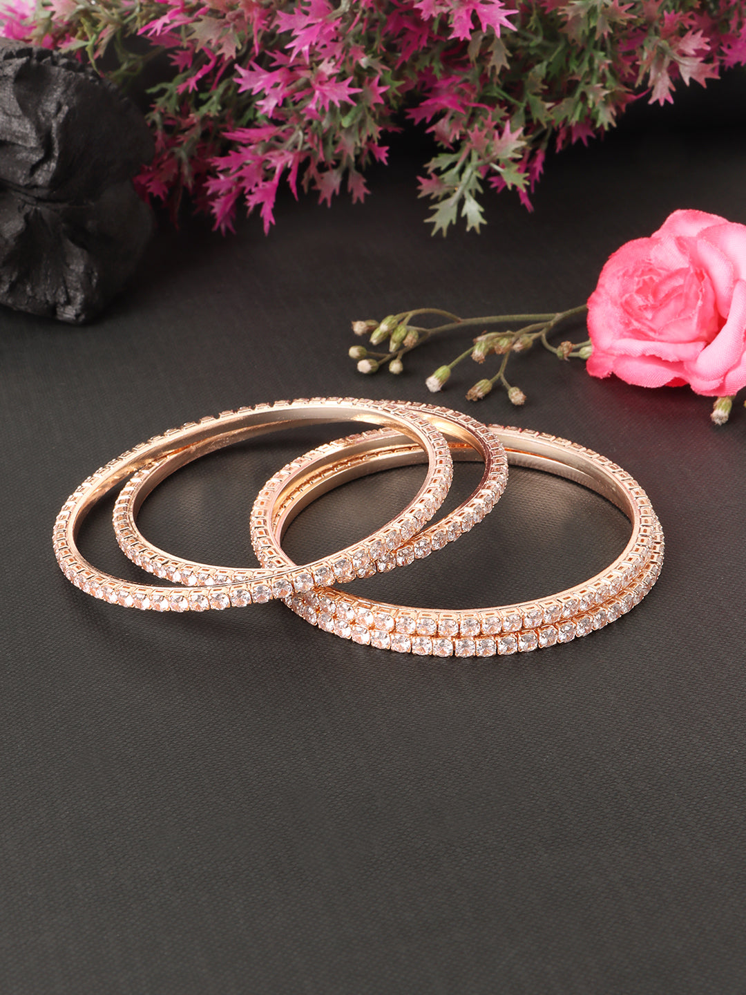 Set Of 4 Rose-Gold Plated & White AD-Studded Bangles