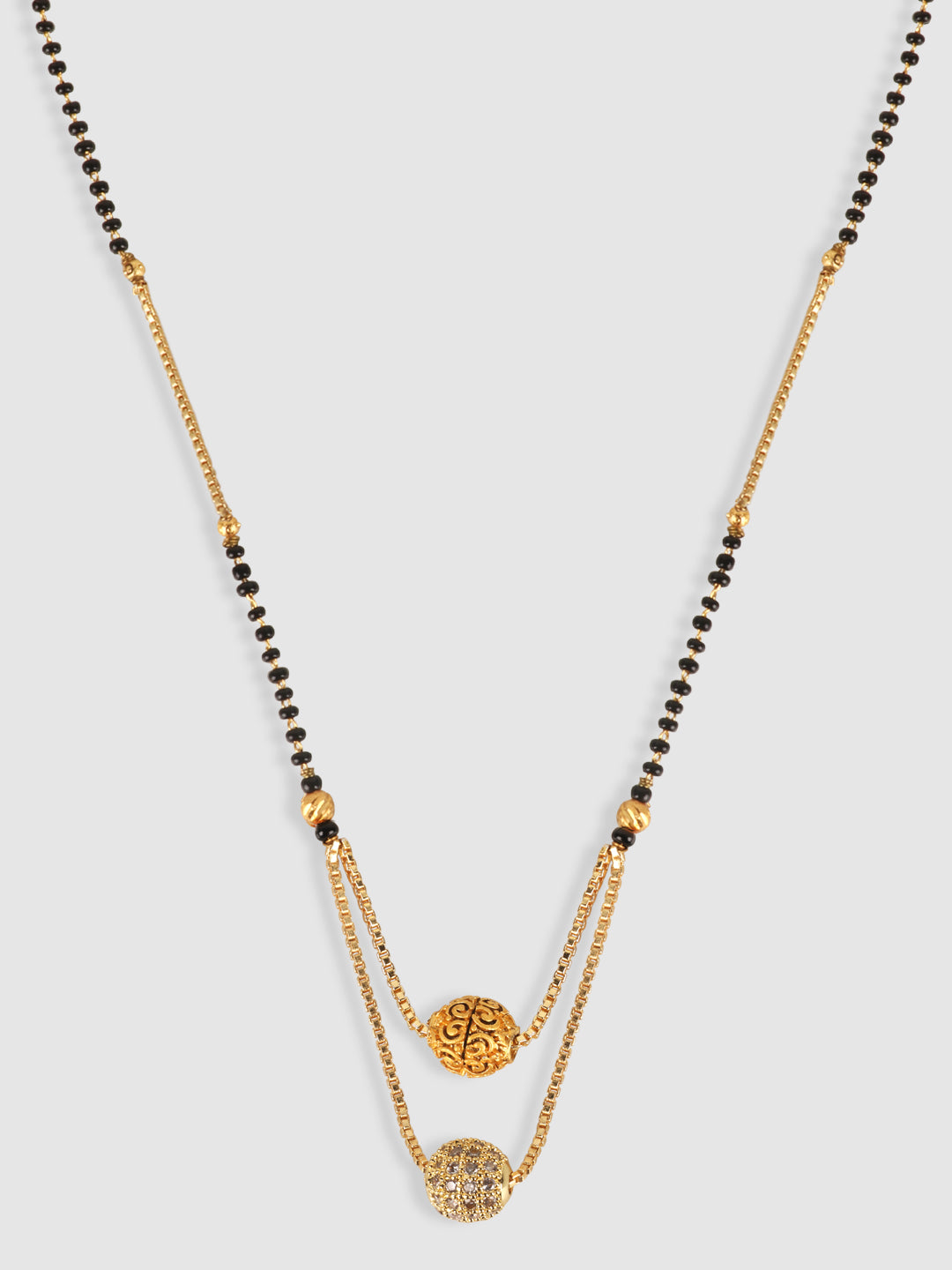 Gold-Plated Black & White AD-Studded & Beaded Mangalsutra