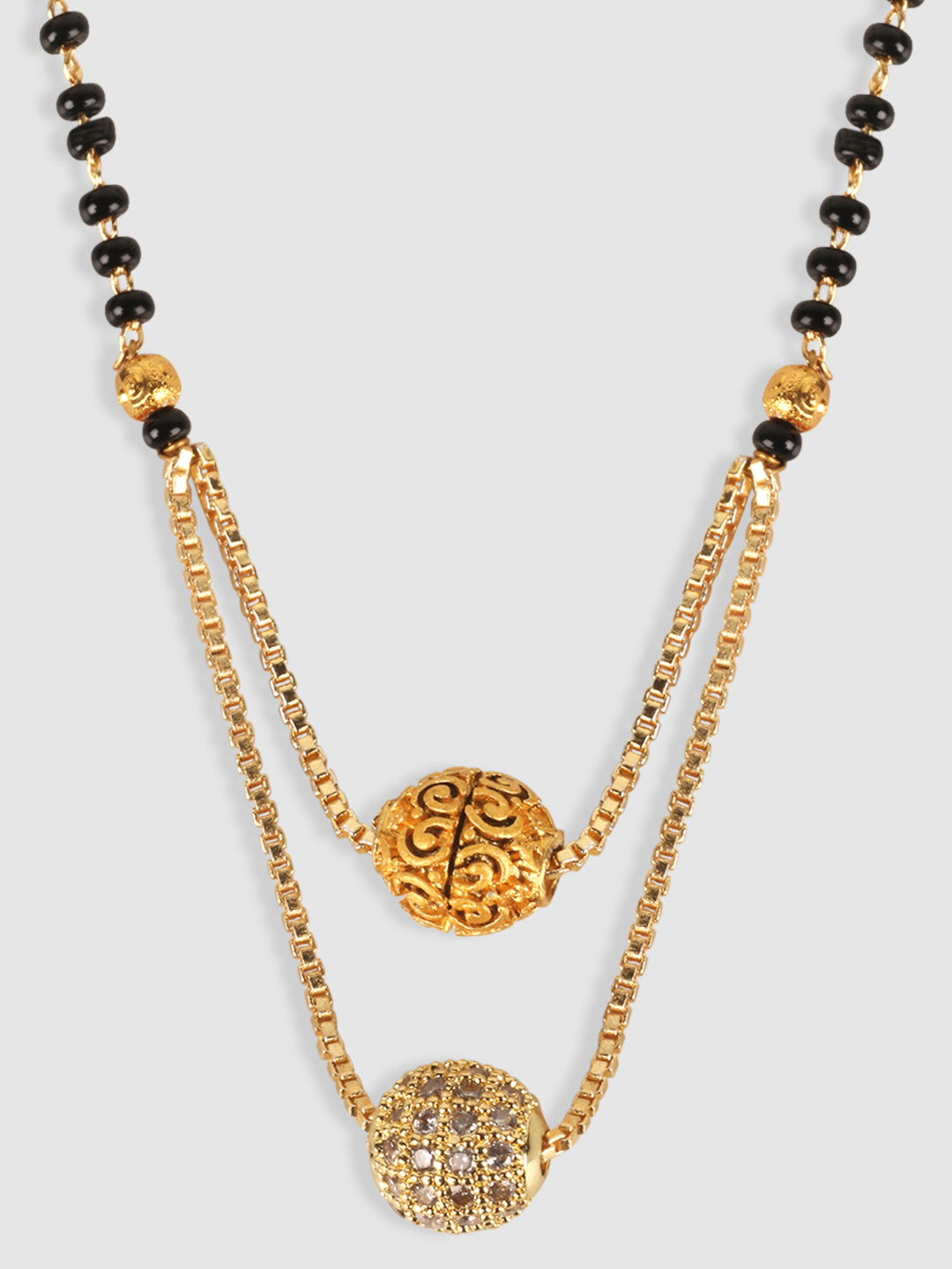 Gold-Plated Black & White AD-Studded & Beaded Mangalsutra