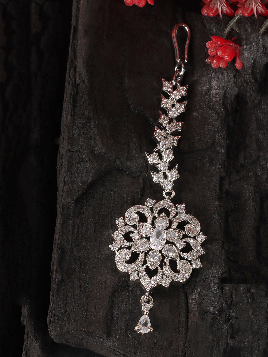 Silver Plated Silver AD Studded Circular Shaped Maangtika