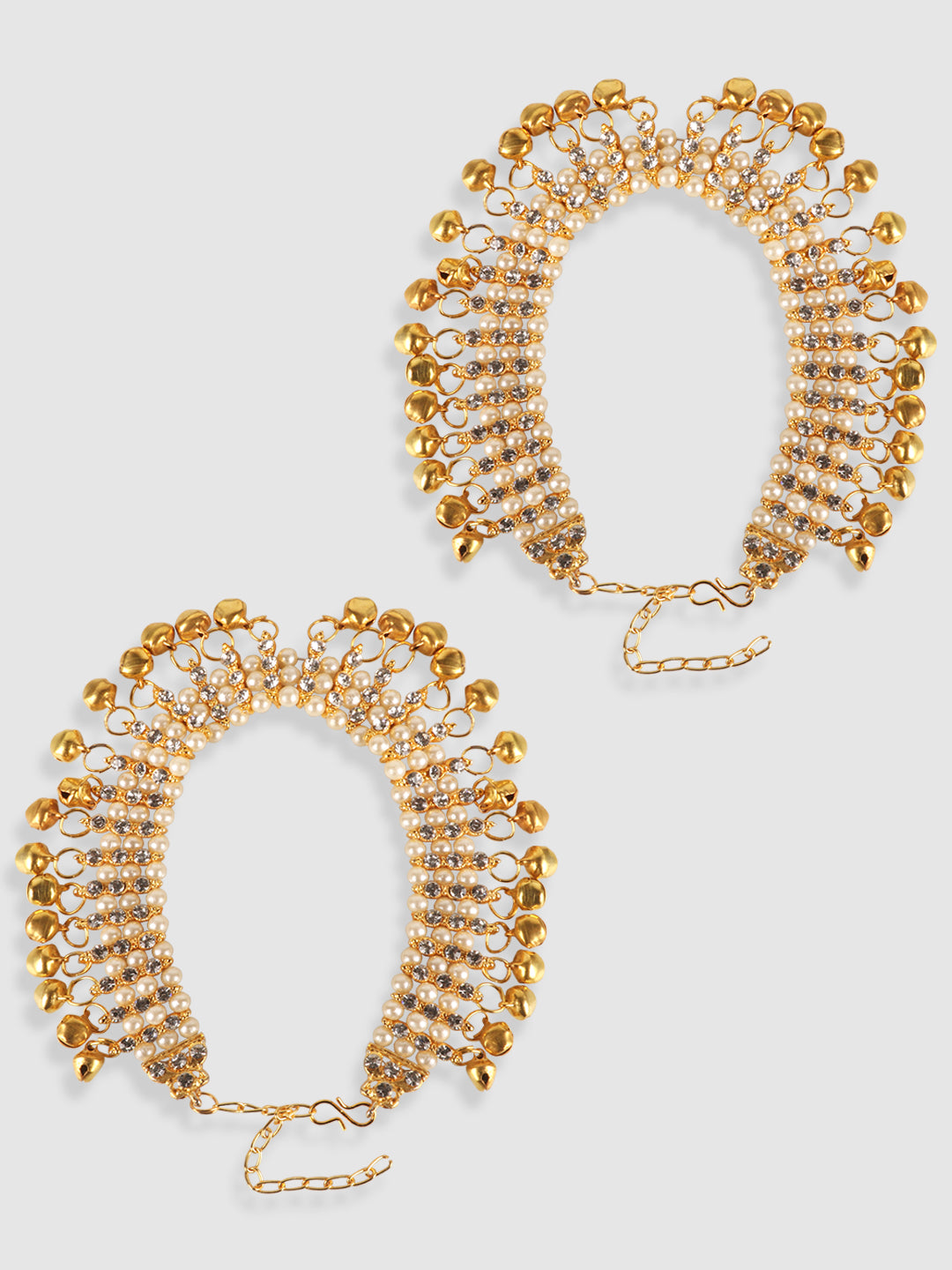 Women White & Gold-Toned Traditional Pearl and Stone Studded Ghungroo Anklets