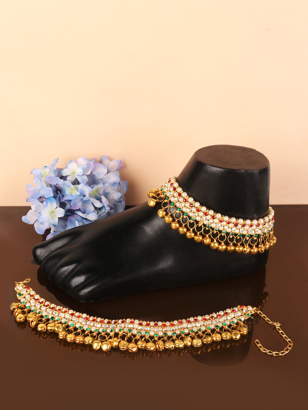 Multicolored Stone Studded Anklet with Ghungroo Details