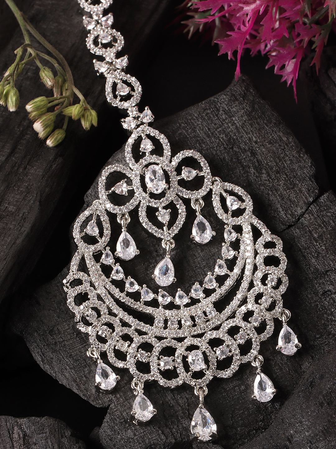 Silver-Plated White AD-Studded Maangtikka