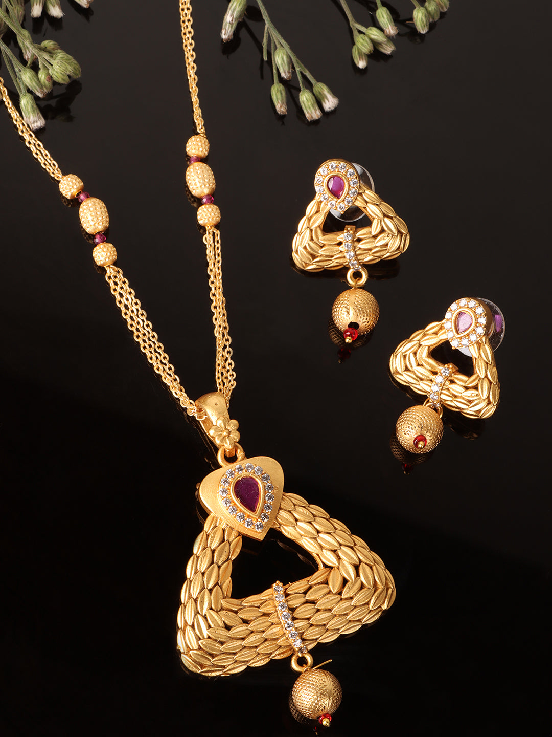 Gold-Plated Pink Stone Studded Jewellery Set