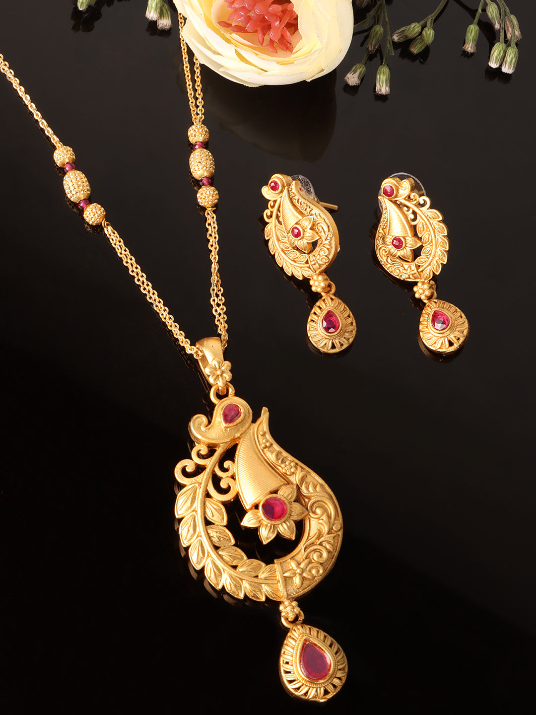Designer Gold-Plated Pink Stone Studded Jewellery Set