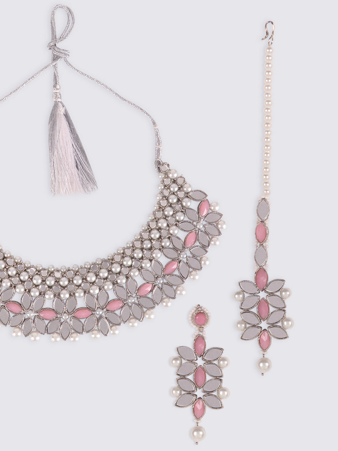 Silver-TOned & Pink Traditional Stone Studded & Pearls Jewellery Set